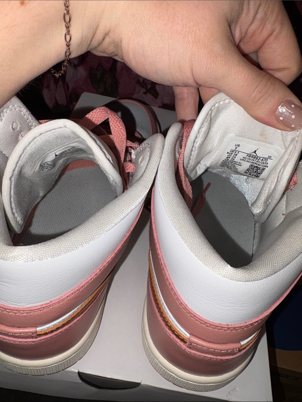 Jordan Women’s Pink and White High Top Sneakers with Metallic Rose Swoosh - Picture 5 of 7